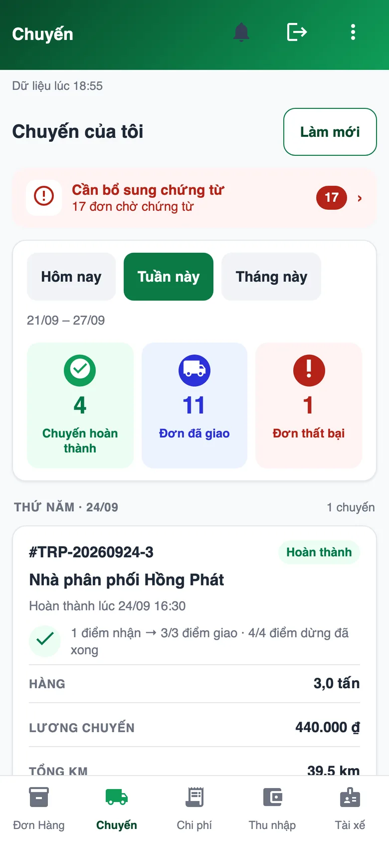Ứng dụng tài xế next TMS — màn hình Chuyến của tôi