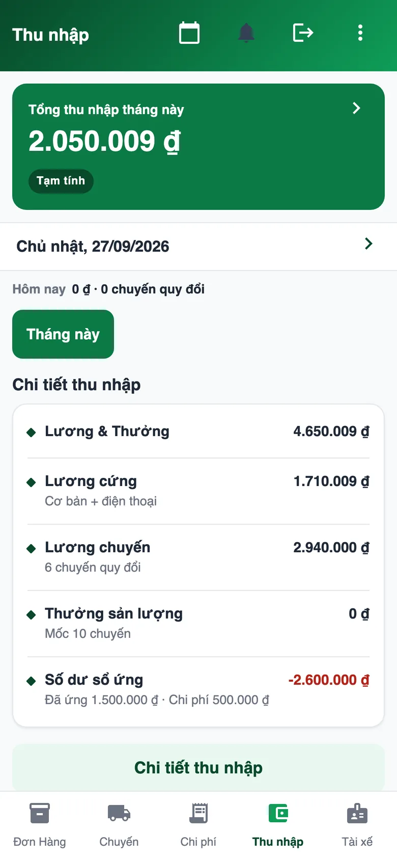 Ứng dụng tài xế — màn hình Thu nhập