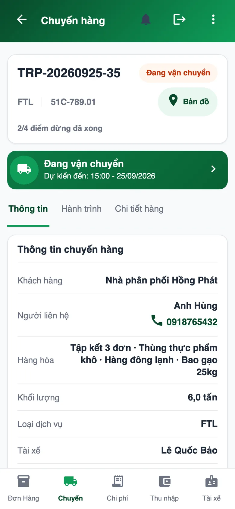 Ứng dụng tài xế — chi tiết chuyến với các điểm dừng
